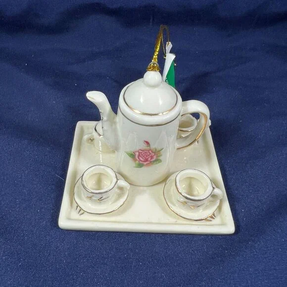 Miniature Ceramic Tea Set Ornament By Kurt S. Adler With Rose Design & Tray - Picture 2 of 3